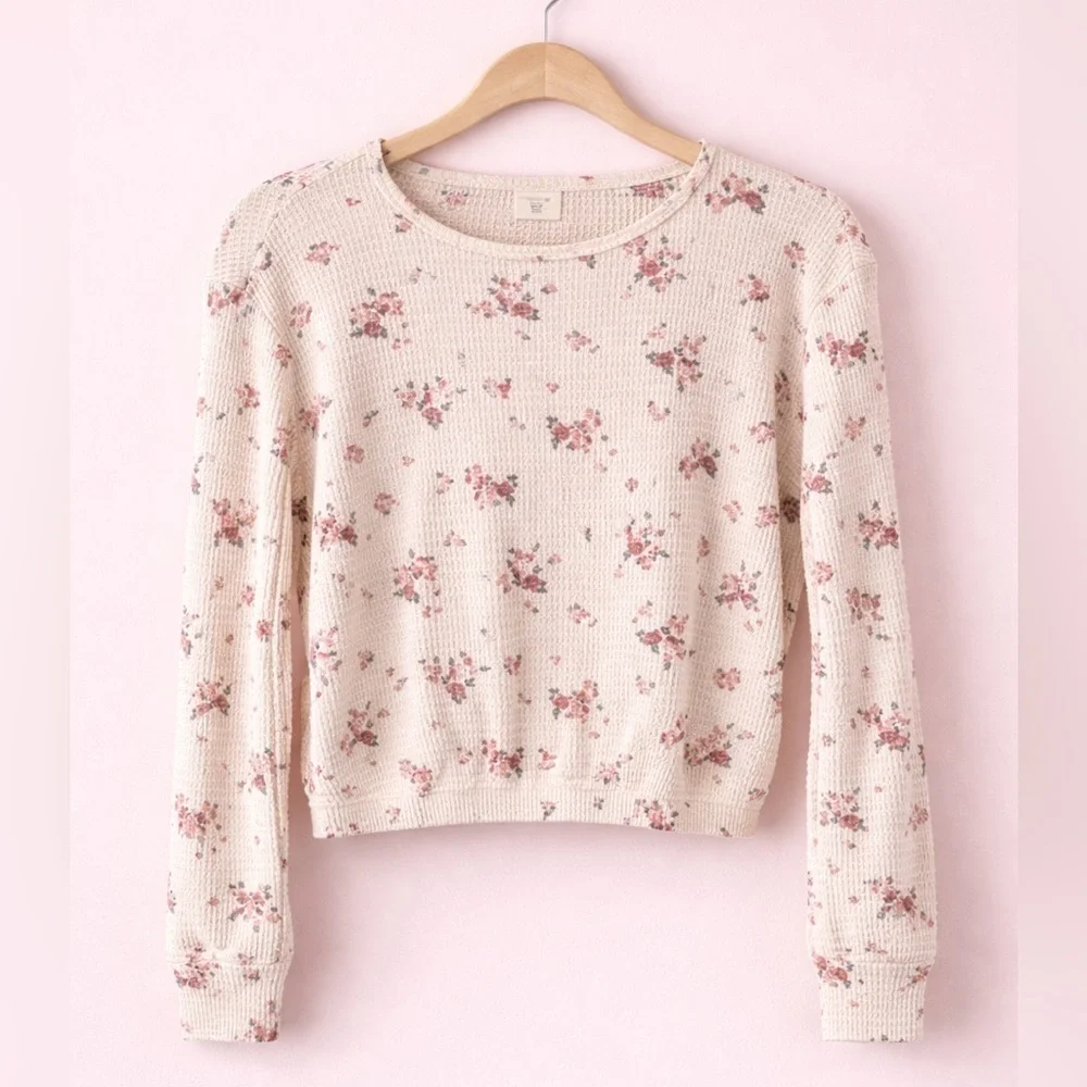 Abercrombie Kids Floral Waffle Knit Top Girls Size 11/12 Cream Long Sleeve